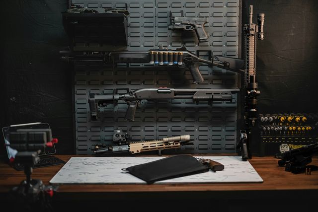 Réplique d'airsoft, chargeurs et accessoires disposés sur une table, comme sur le stand d'une bourse airsoft